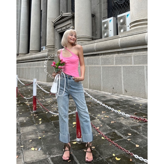 Áo thun nữ hai dây thiết kế lệch vai điểm nhấn hai màu MIEU - JJL19