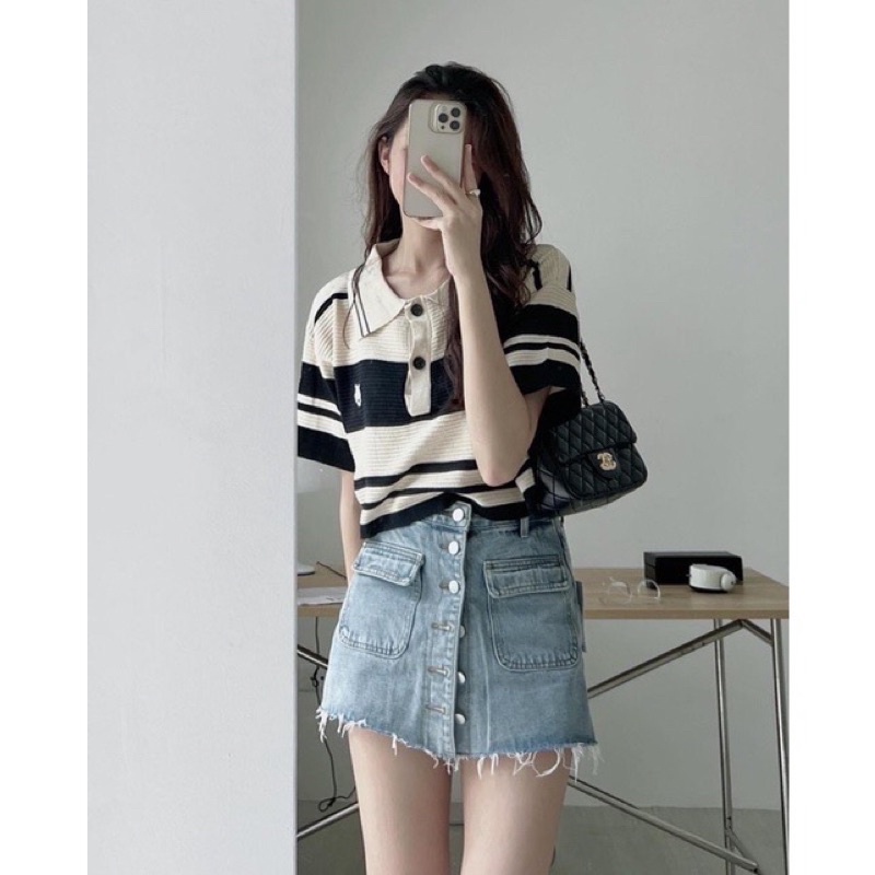 Áo croptop nữ len kẻ dệt kim dáng rộng tay ngắn polo cổ đức phong cách Hàn Quốc cá tính (TTA132)