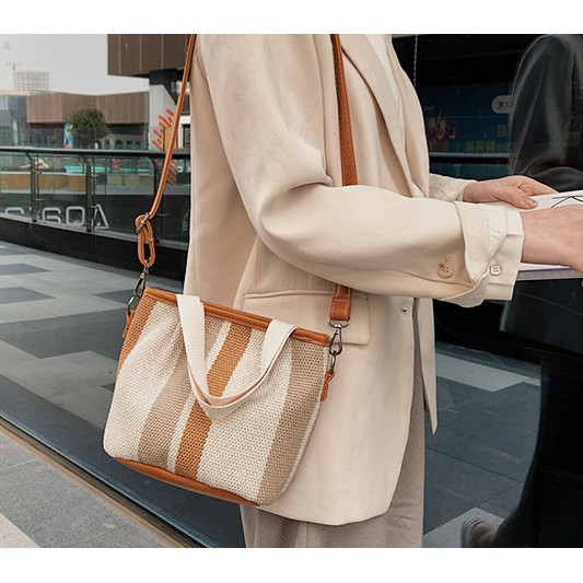 Túi xách vải sọc thời trang xinh xắn_Ảnh Thật