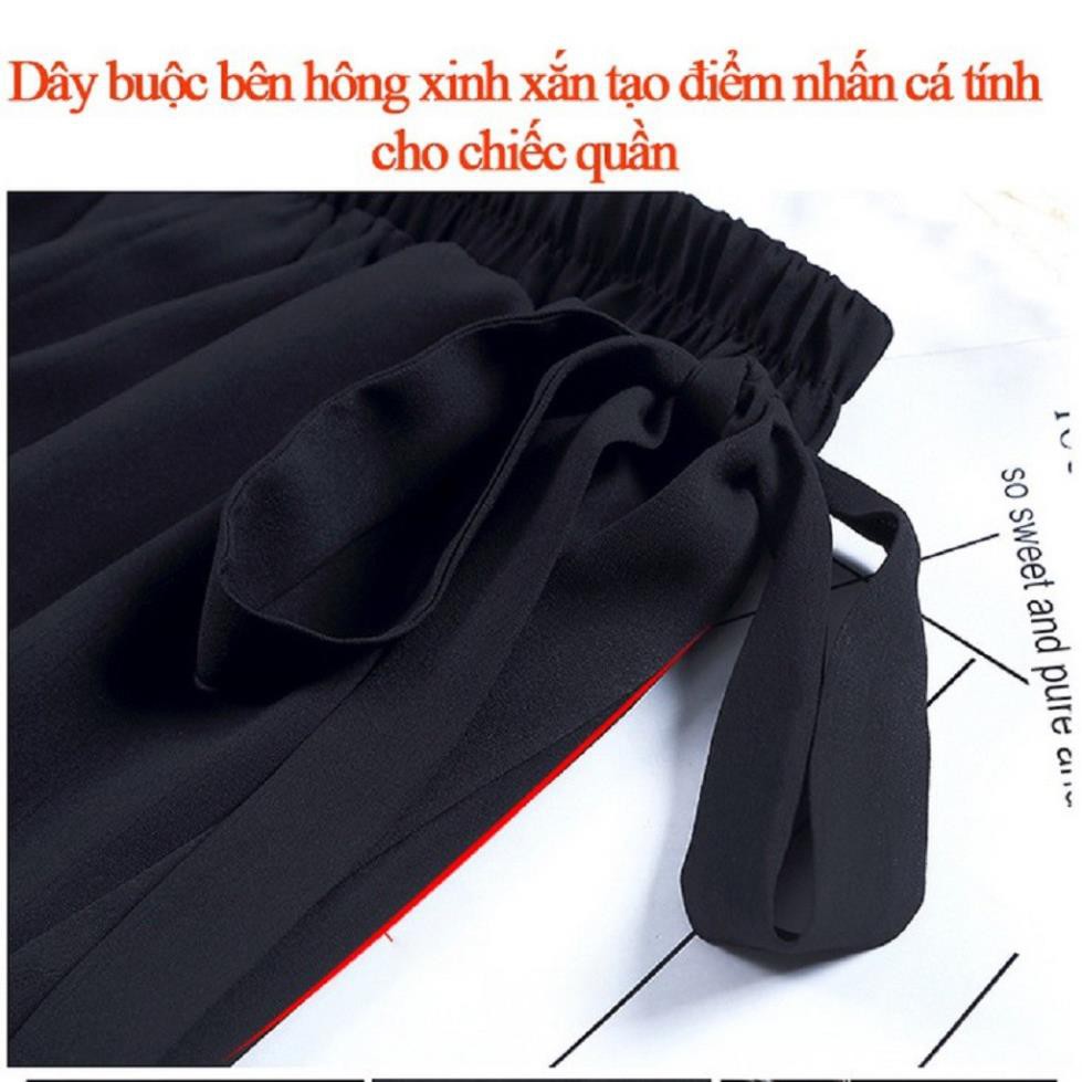 Quần ống rộng lửng nữ cạp chun VIETSTAR quần lửng baggy màu đen vải thun co giãn học sinh buộc nơ eo  ་