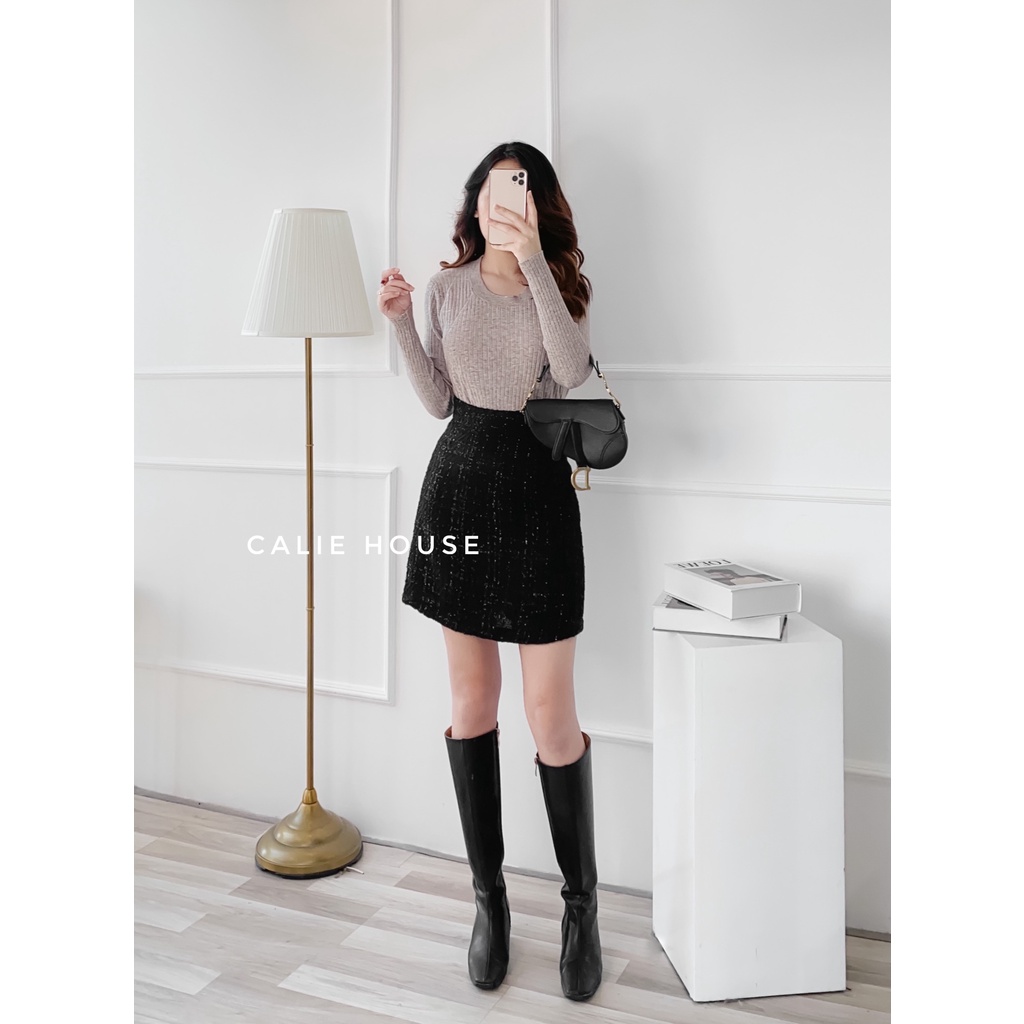 Áo len tăm nữ cổ tròn cách điệu thanh lịch thời trang công sở Calie House Al93