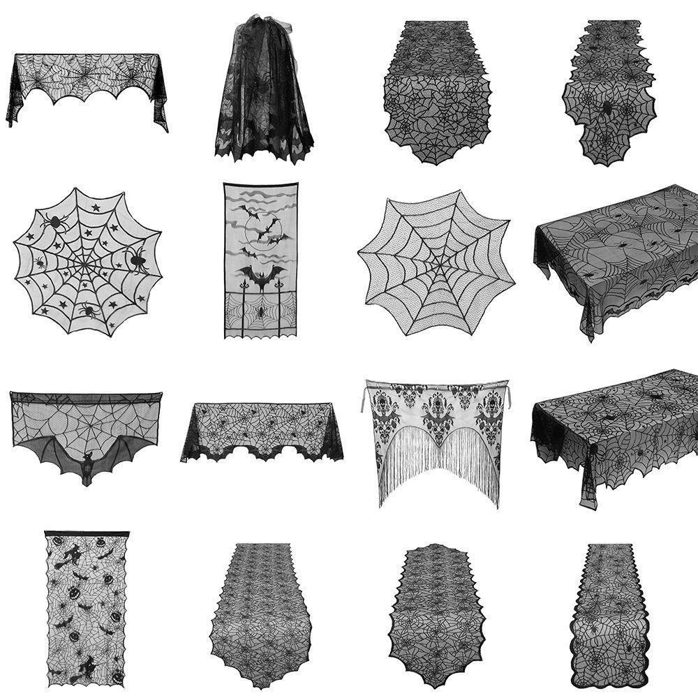 Khăn trải bàn/ quàng cổ/ chụp đèn/ rèm ren mạng nhện hình tròn màu đen trang trí trong nhà/ lò sưởi Halloween/ Lễ tạ ơn