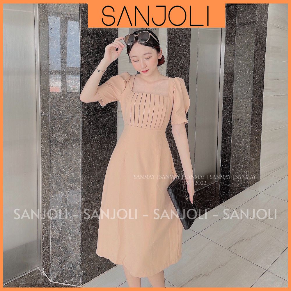 Váy Công Sở Nữ SANJOLI Đầm Dự Tiệc Thiết Kế Cổ Vuông Tay Phồng Họa Tiết Xếp Ly Phong Cách Hàn Quốc Sang Trọng VDE17