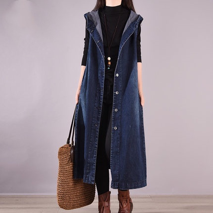 Áo Khoác Denim Dáng Dài Rộng Có Nón Thời Trang Mùa Xuân Kiểu Mới 2022