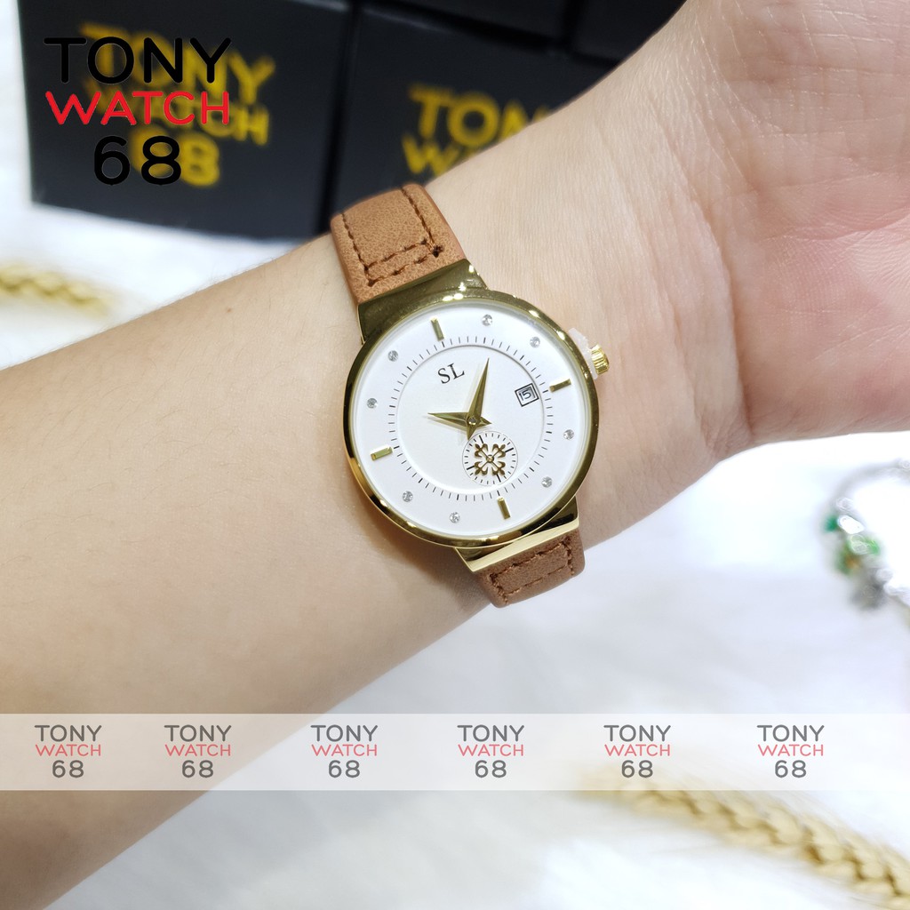 Đồng hồ nữ SL dây da đen mềm mặt đồng hồ siêu mỏng kim rốn độc đáo chống nước chính hãng Tony Watch 68