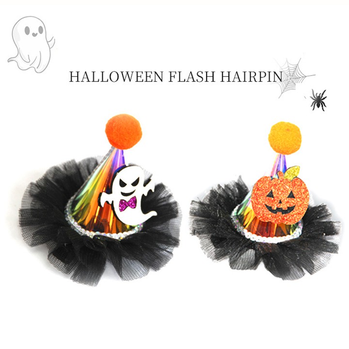 Kẹp tóc Halloween có đèn chớp nháy hình nón phù thủy cá tính phối voan họa tiết ma quái hottrend Baby-S – SHLW001