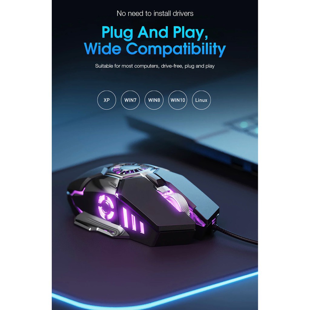 Chuột chơi game quang học quạt tản nhiệt có dây Inphic X7 Lập trình 7200DPI 6 nút Đèn nền RGB công thái học - Chính Hãng
