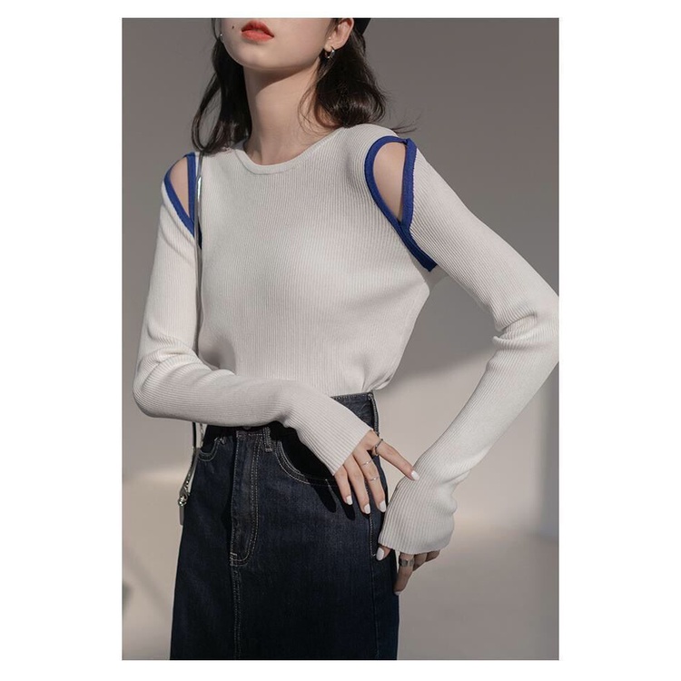 Áo Thun Tay Dài Khoét Vai Màu Sắc Tương Phản Thời Trang Mùa Thu Cho Nữ