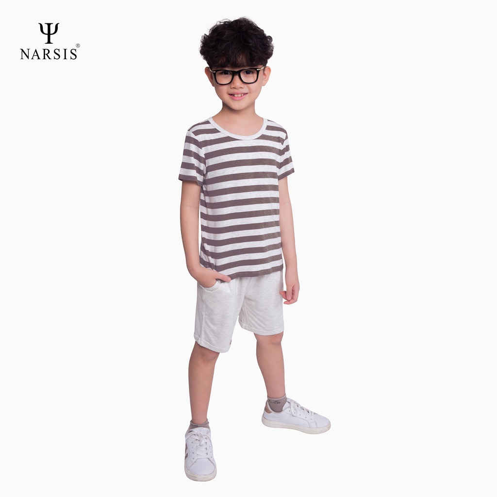 Bộ hè bé trai Narsis KE0003 kẻ trắng ngà vân phối quần da cá