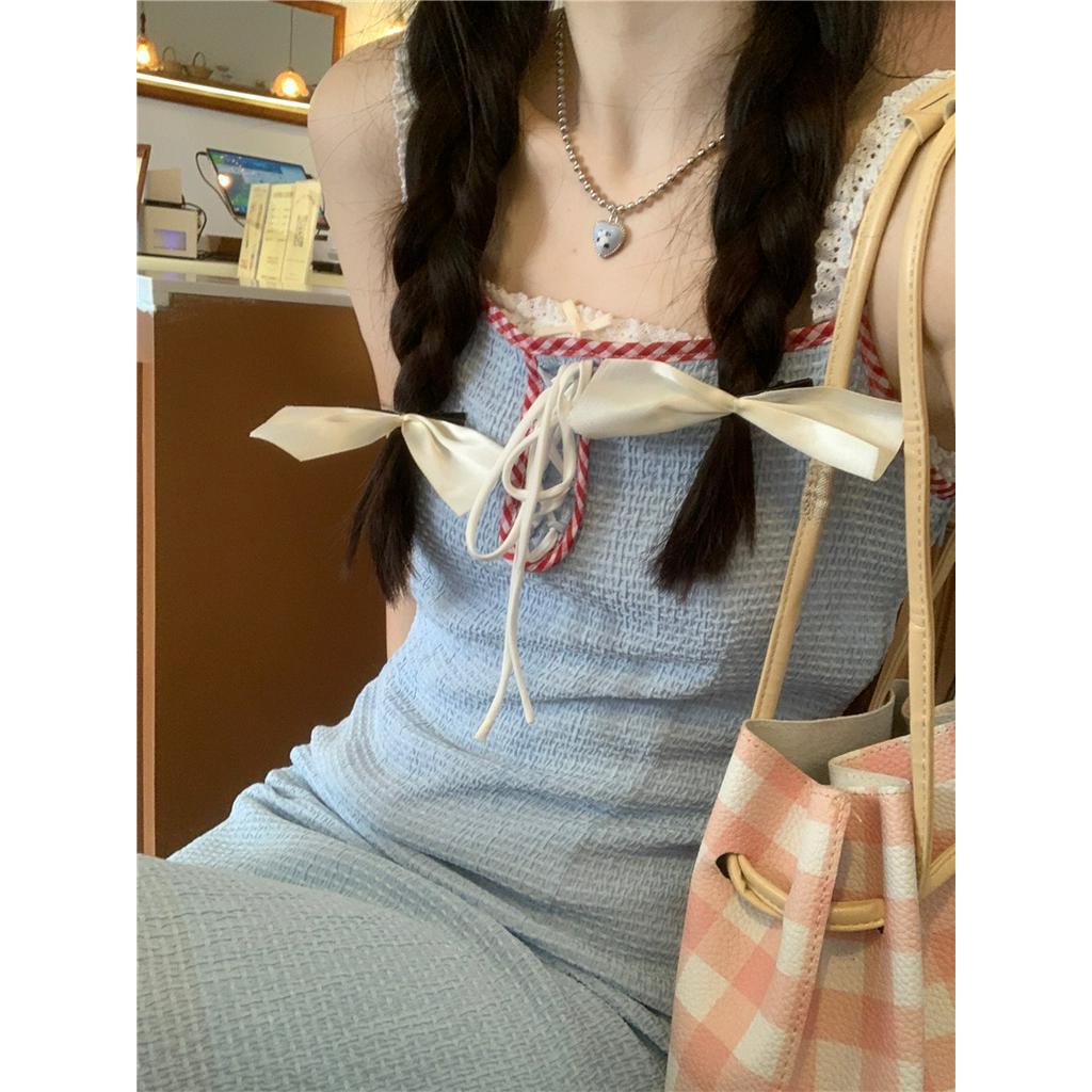 Đầm Dây Vải Dệt Kim Phối Ren Màu Sắc Tương Phản Thời Trang Nữ 63305