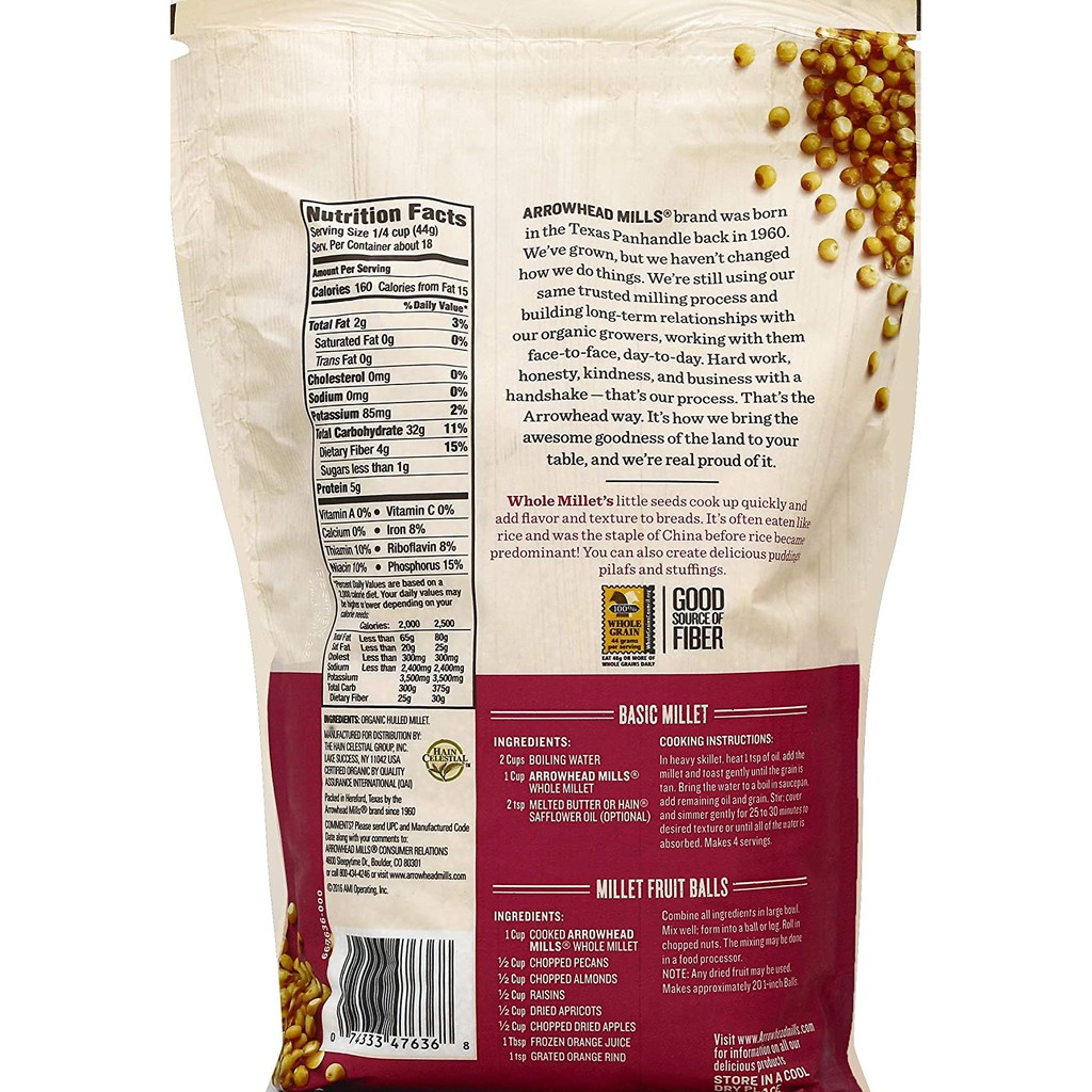 Hạt kê hữu cơ đã bóc vỏ Arrowhead Mills 793g