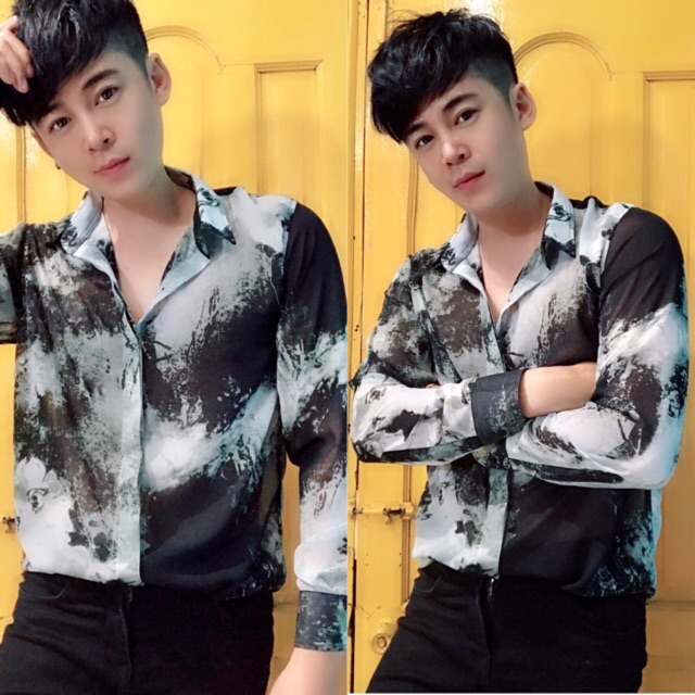 Áo sơ mi nam vải chiffon cao cấp ,họa tiết xám khói