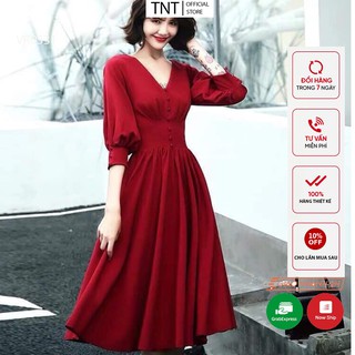 Váy xòe nữ cổ V công sở tay lỡ dáng dài đầm xòe dự tiệc thiết kế công sở TNT