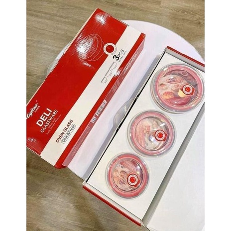 Sét 3 chiếc thố thủy tinh Deli cao cấp có nắp hút chân không full hộp