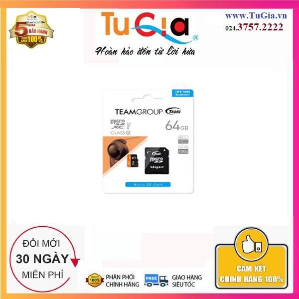 Thẻ nhớ micro SDXC Team 64GB 500x  80MB/s 10 UHS-I kèm Adapter (Đen cam) - Hàng chính hãng