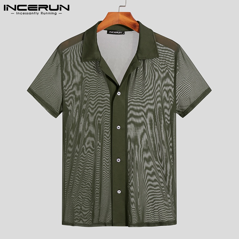 Áo sơ mi INCERUN tay ngắn cổ bẻ phối nút thiết kế xuyên thấu thời trang cho nam