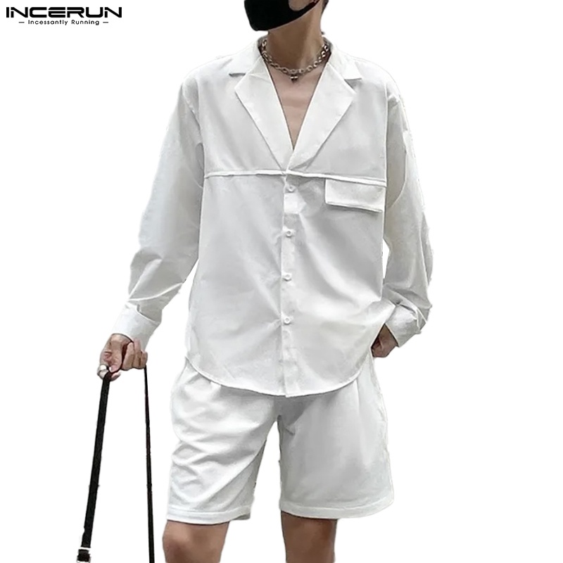 Bộ sơ mi dài tay + quần short INCERUN màu trơn thời trang mùa thu cho nam