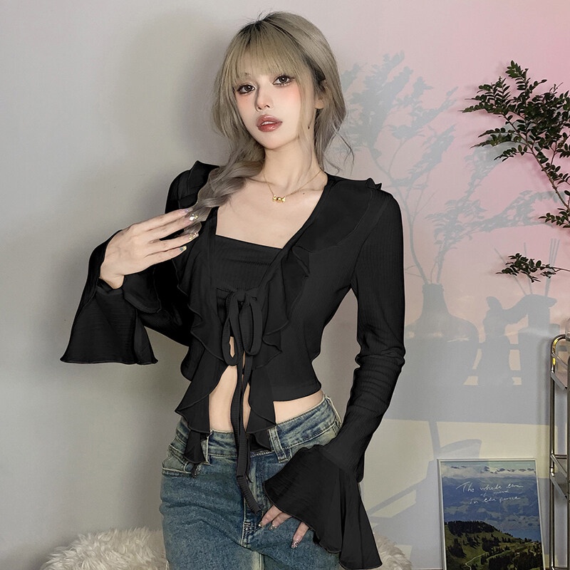 Kliou 2023 Mới Áo crop top Kliou tay dài ống loe nhún bèo thời trang Pháp tinh tế cá tính cho nữ