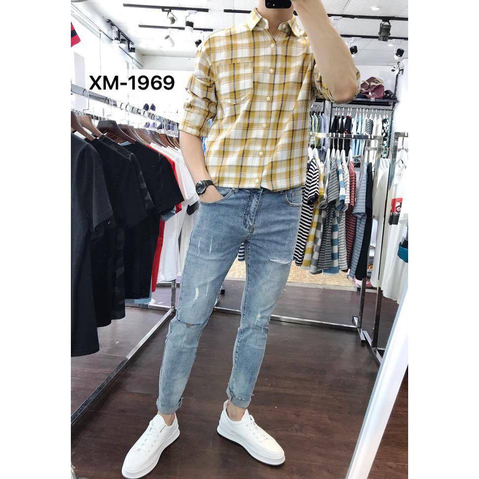 Quần jean nam xanh chất jean rách gối thời trang | BigBuy360 - bigbuy360.vn