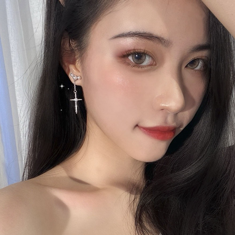 Hoa Tai Dáng Dài Hình Thánh Giá Đính Đá Phối Ngọc Trai Thanh Lịch