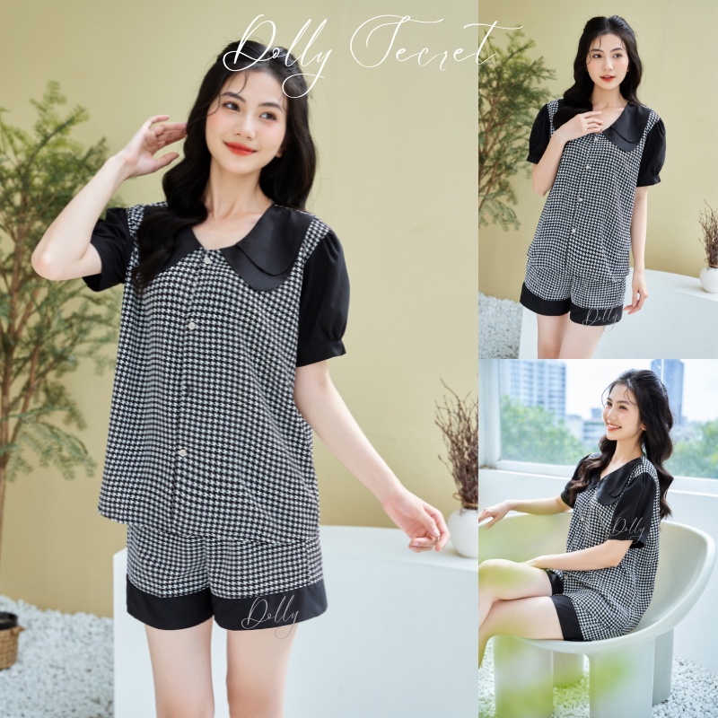 Bộ mặc nhà Pijama lụa mango tay cộc quần đùi DOLLY SECRET phối họa tiết dễ thương tay bồng cổ kép