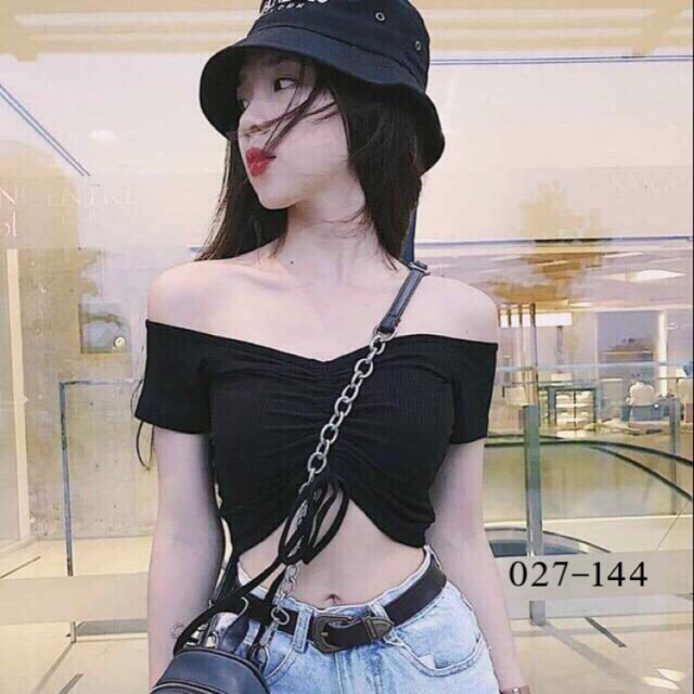 Áo thun gân bẹt vai dây rút dáng croptop siêu xinh - Colory Shop