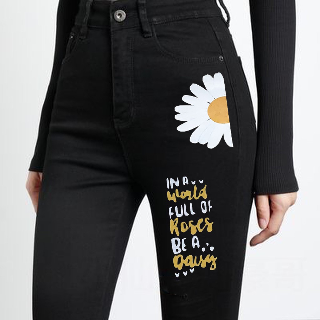 Quần jean dài BIGSIZE đen tuyền in hình hoa cúc, lưng cao trên rốn, co dãn mạnh 2707