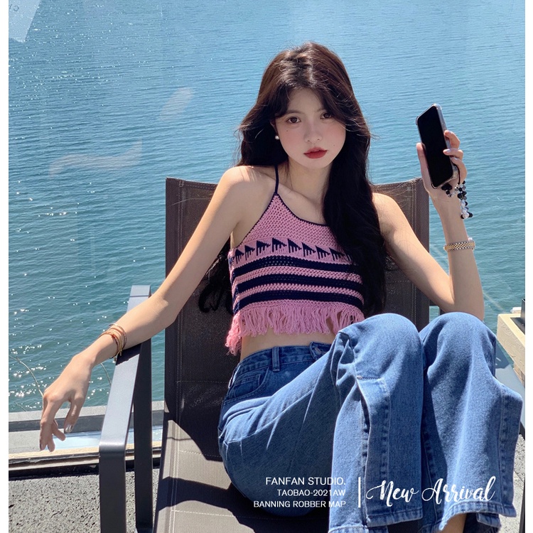 Áo Hai Dây Dệt Tay Phối Tua Rua Thời Trang Mùa Hè Quyến Rũ Cho Nữ