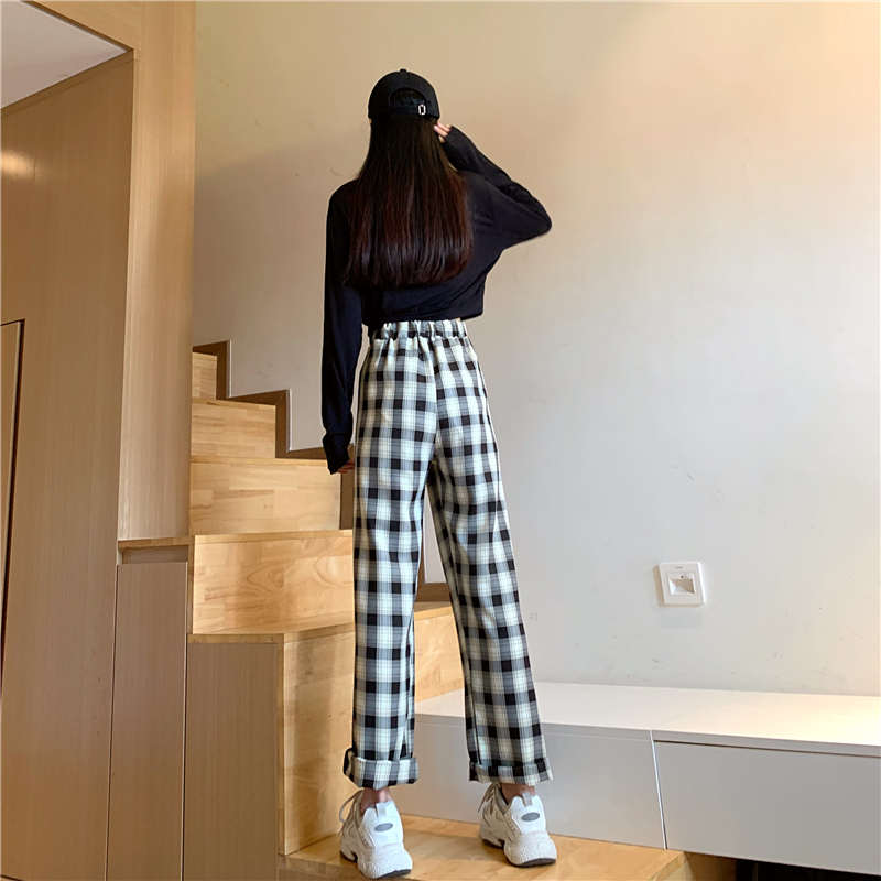 SUXI Quần Dài Lưng Cao Ống Rộng Họa Tiết Sọc Caro Cho Nữ