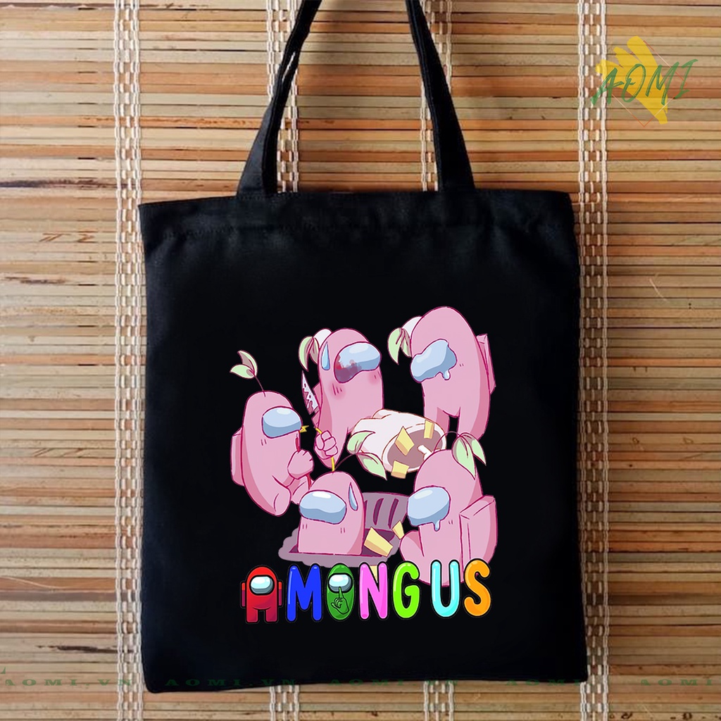 TOTE CANVAS AMONG US FORM TRÒN TÚI VẢI ĐEO VAI BAG NÚT BẤM SIZE LỚN AOMIVN DU LỊCH  MÀU ĐEN TRẮNG