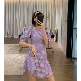 (ORDER) Váy xòe đuôi cá sọc caro tím tay phồng cổ vuông + kèm nơ điệu đà sang chảnh (HÀNG MỚI 2020)_