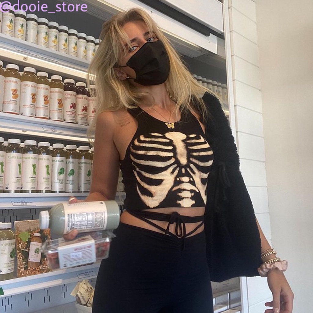 Áo Hai Dây Croptop Ôm Hoạ Tiết Xương Phong Cách Y2K