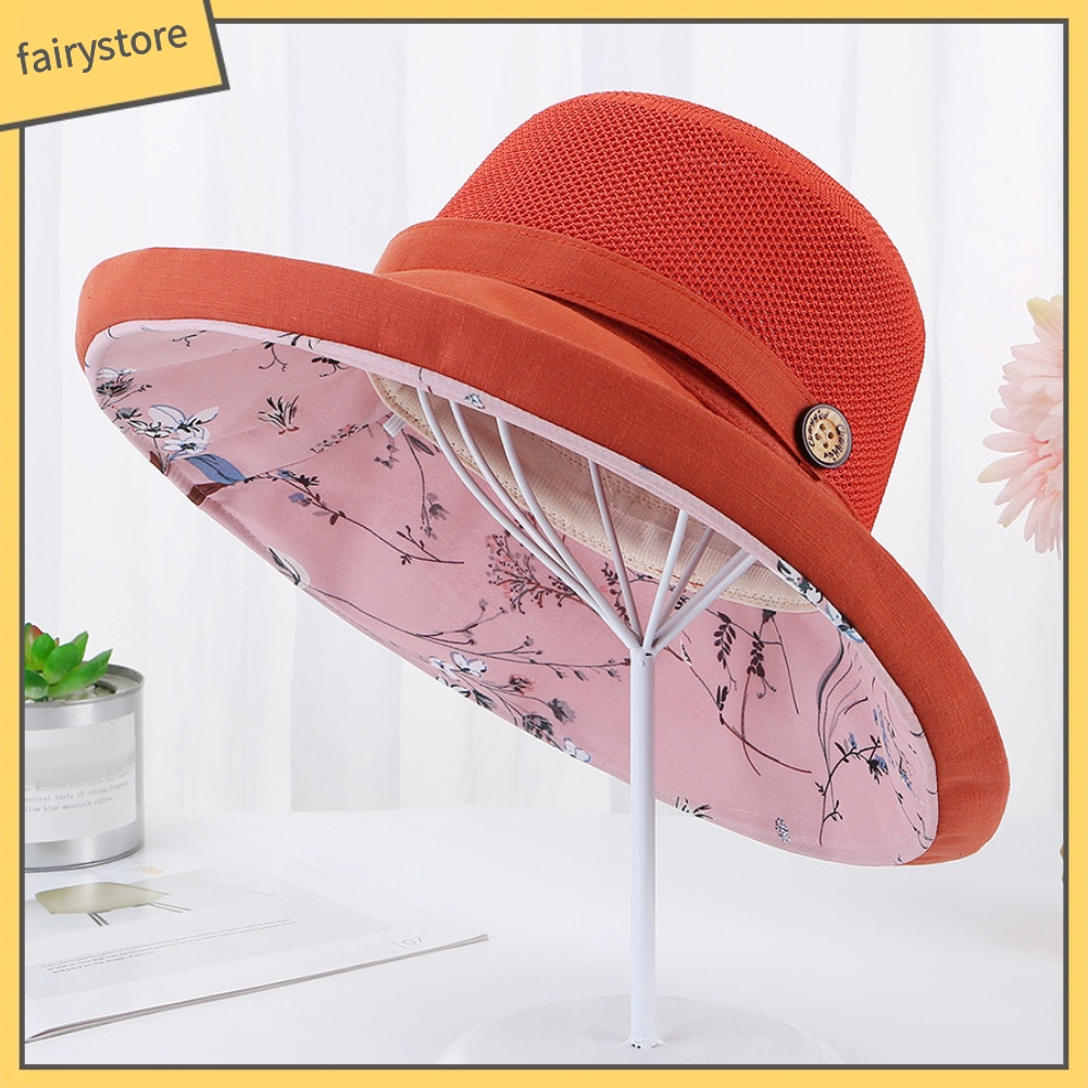 Mũ Bucket Thể Thao Vành Rộng Chống Nắng Đính Nút Họa Tiết Hoa Trang Trí Nội Thất Cho Nữ