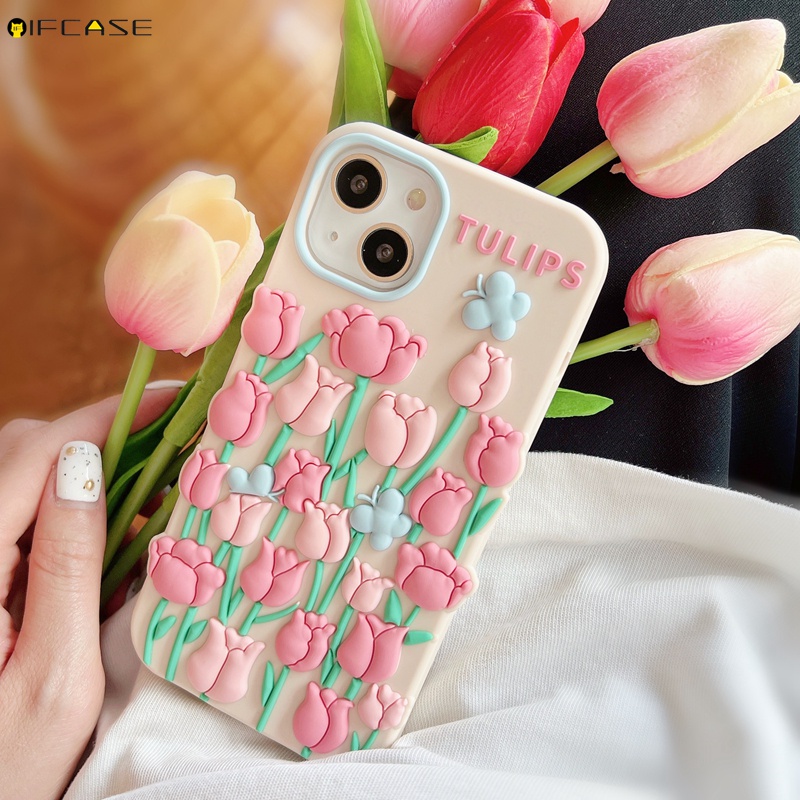 Ốp Điện Thoại Silicone Mềm Họa Tiết Hoa Tulip 3D Đơn Giản Cho iPhone 14 Plus 14 Pro Max
