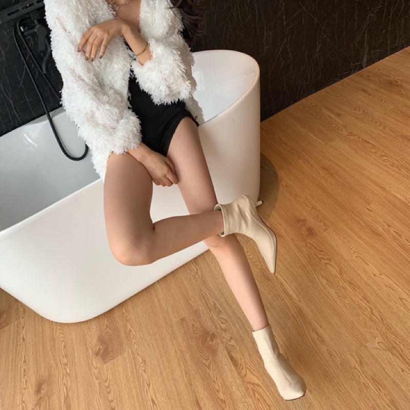 Bốt da cao gót mũi nhọn da cao cấp