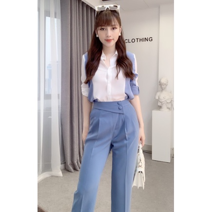 Quần Baggy nữ chất đẹp, Quần tây nữ công sở màu xanh lưng cao dáng xuông siêu tôn dáng size to