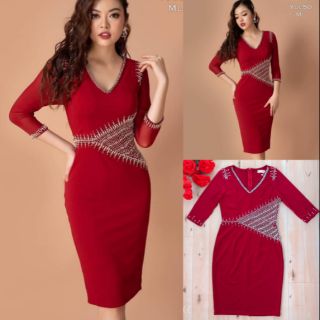 Váy body tay lỡ cổ tim eo kết cườm Cao Cấp