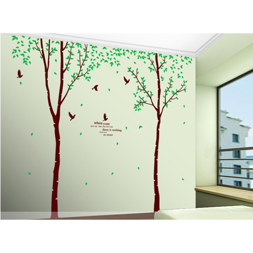 Decal trang trí tường - 2 Cây mỏng lá xanh nhí Chim Đen size lớn ( 3 tấm )