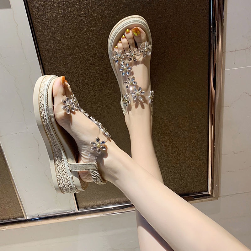 Giày Sandal Cao Gót 5 Quai Lưới Đính Đá Ngọc Trai Phong Cách Hàn Quốc Thời Trang Mùa Hè Cho Nữ