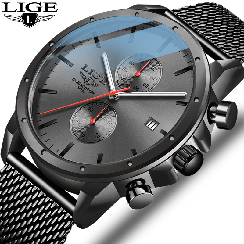 LIGE Đồng Hồ Analog Máy Quartz Nam Dây Thép Lưới Chống Thấm Nước