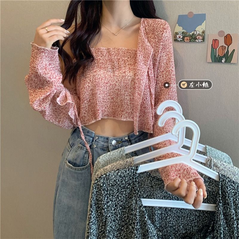 IELGY Áo sơ mi chiffon tay dài dáng rộng in họa tiết hoa phong cách Hàn Quốc thời trang cho nữ