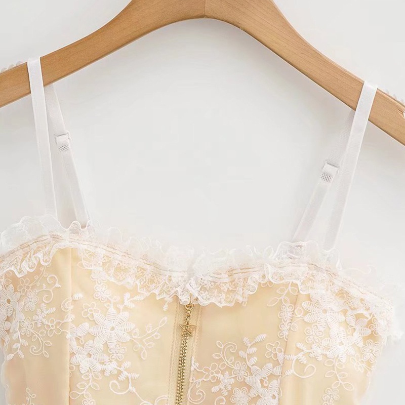 Xiangbao Áo Crop Top Hai Dây Mỏng Phối Ren Có Khóa Kéo Phía Trước Phong Cách Dành Cho Nữ