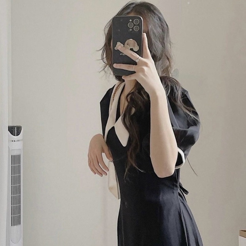 Đầm đen cổ trắng form dài (kèm hình thật) | BigBuy360 - bigbuy360.vn
