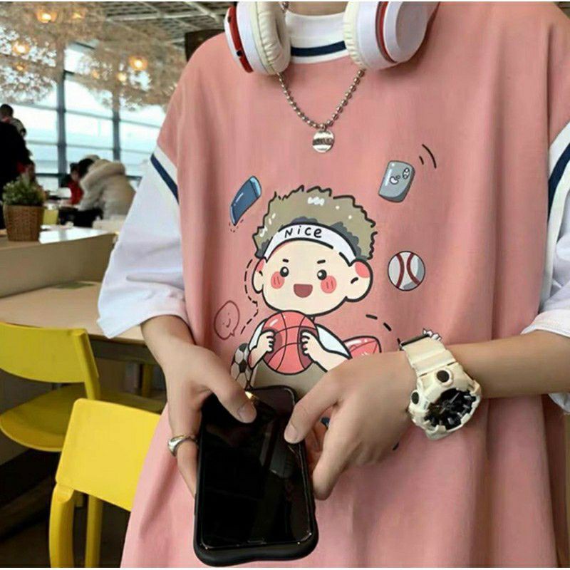 Áo thun bóng rổ nam nữ unisex/Áo phối tay lỡ hình cậu bé
