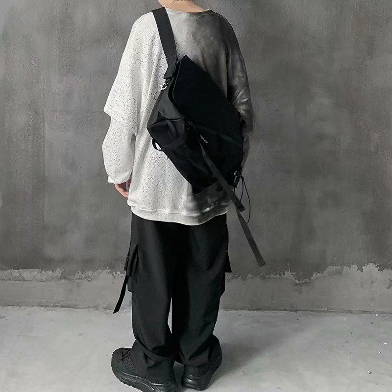 Áo thun cotton dài tay dáng rộng màu gradient giả 2 lớp thời trang harajuku cho nam