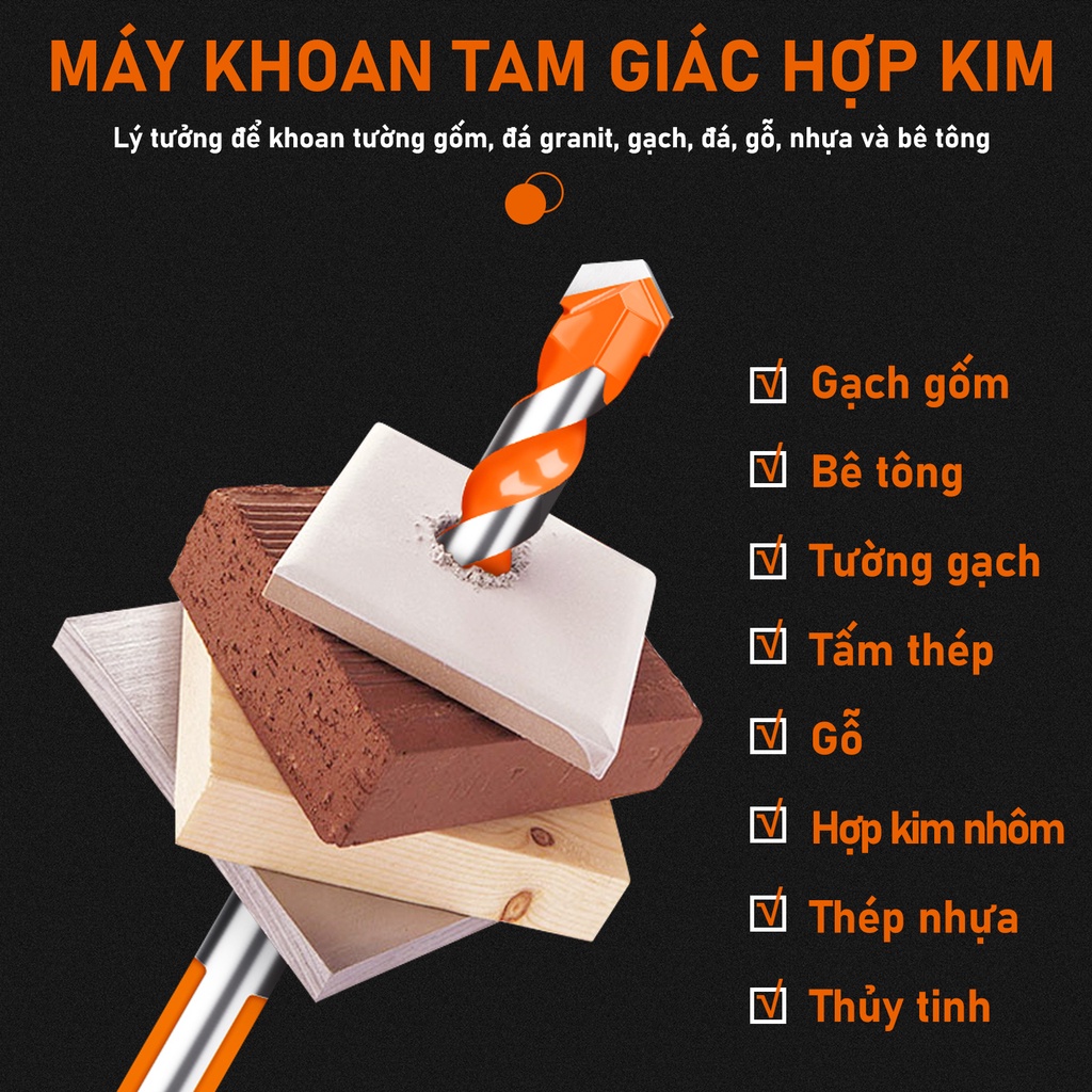 Bộ 7 mũi khoan đa năng 3/4/5/6/8/10/12mm phù hợp khoan các chất liệu kính sắt bê tông gạch men đá gố