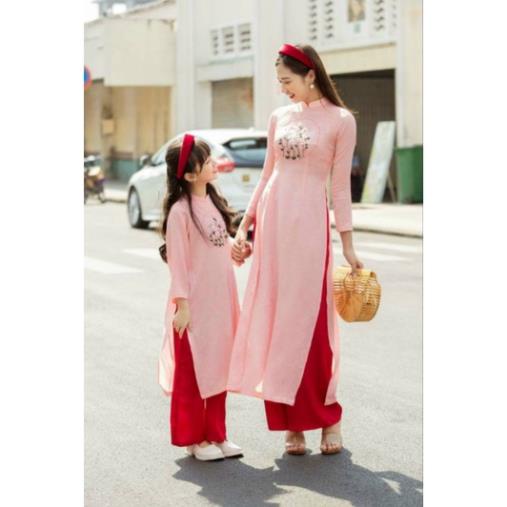 🌷 Sét áo dài gia đình hồng nhẹ nhàng cao cấp đẹp nhẹ vải lụa mỹ mềm mại aoa dài thiết kế giá sỉ