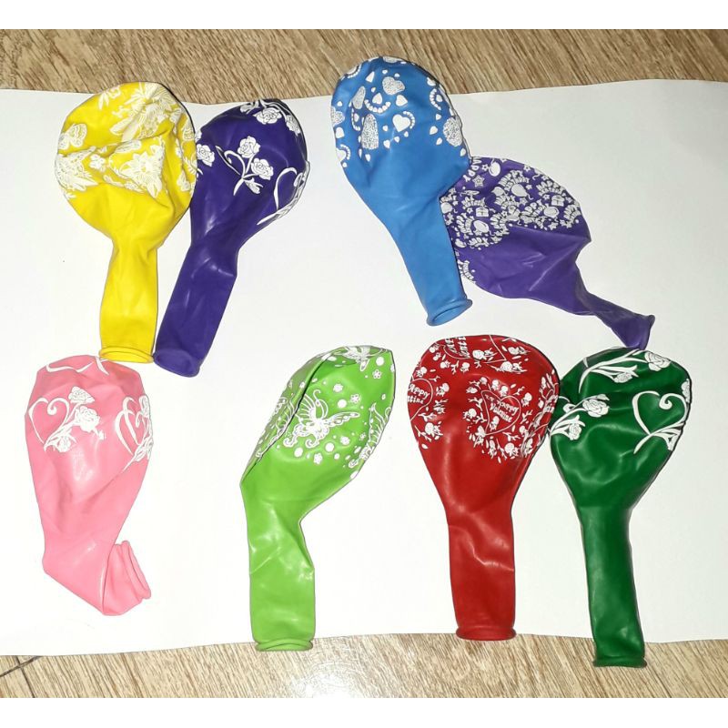 Sét 8 cái bong bóng in hoa và chữ nhiều màu khi bơm lên đường kính 35cm
