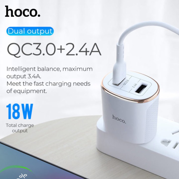 Củ sạc nhanh 18W tích hợp 2 cổng USB Quick Charge 3.0 nhãn hiệu Hoco C60 - Hàng chính hãng bảo hành 12 tháng