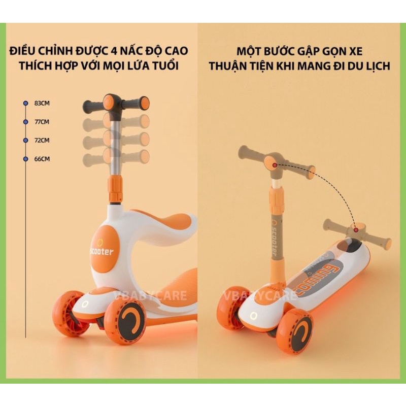 Xe scooter, Xe trượt 3in1 đèn, nhạc, ghế cao cấp chịu lực 70kg cho bé